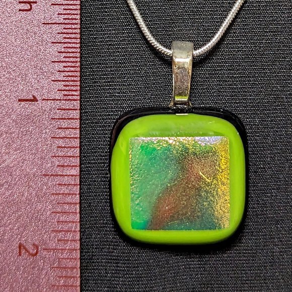 Postmodern Signed Iridescent Dichroic, Lime Green Glass Pendant w/Sterling Chain - Picture 2 of 6